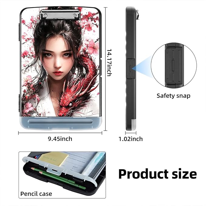 Clipboard with Storage Box & Pen Holder,Heavy Duty Clip Boards 8.5x11 for Nursing,High Capacity,School & Office Supplies,Dragon Blossom