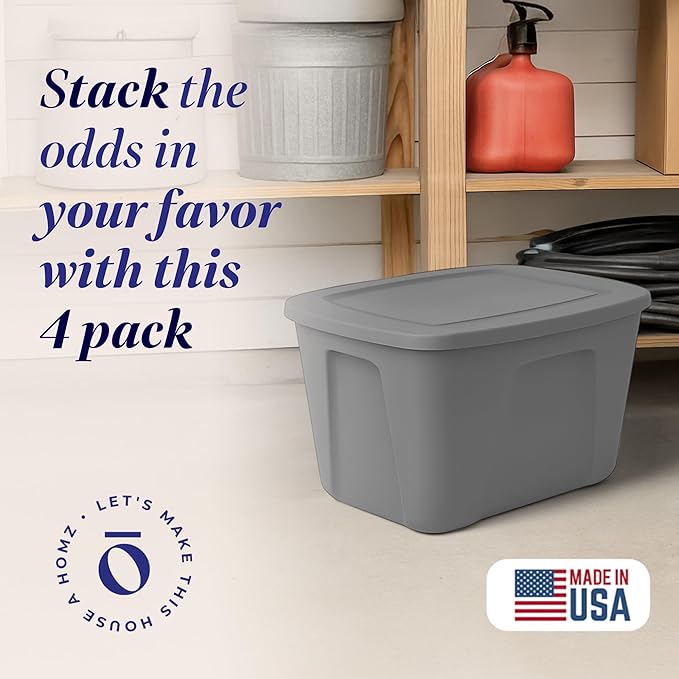 HOMZ 4-Pack Durable Molded Bin, Plastic Storage Containers w/Lids, 10 Gallon, Silver - Stackable Organizer Totes and Boxes for Bedroom, Kitchen, and Garage Organization