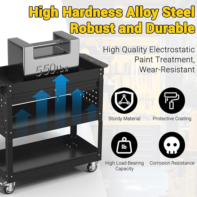 3 Tier Rolling Tool Cart on Wheels, 550 LBS Tool Cart with Drawers，Heavy Duty Utility Cart with Pegboard and Hooks，Mechanic Tool Storage Cart for Garage, Warehouse (Black)