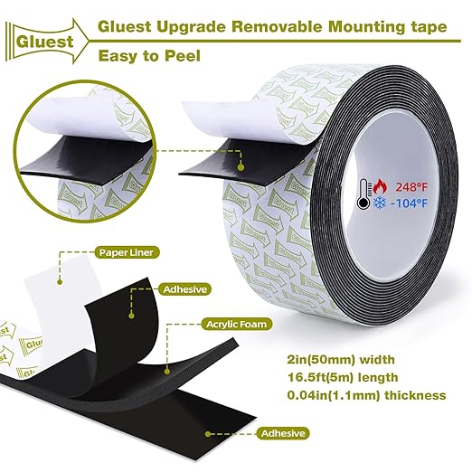 Double Sided Mounting Tape 2IN x 16.5FT, Strong Double Sided Tape Heavy Duty Black Wall Tape No Damage Foam Tape Adhesive Strips Poster Picture Hanging Tape Damage Free Hanging Strips