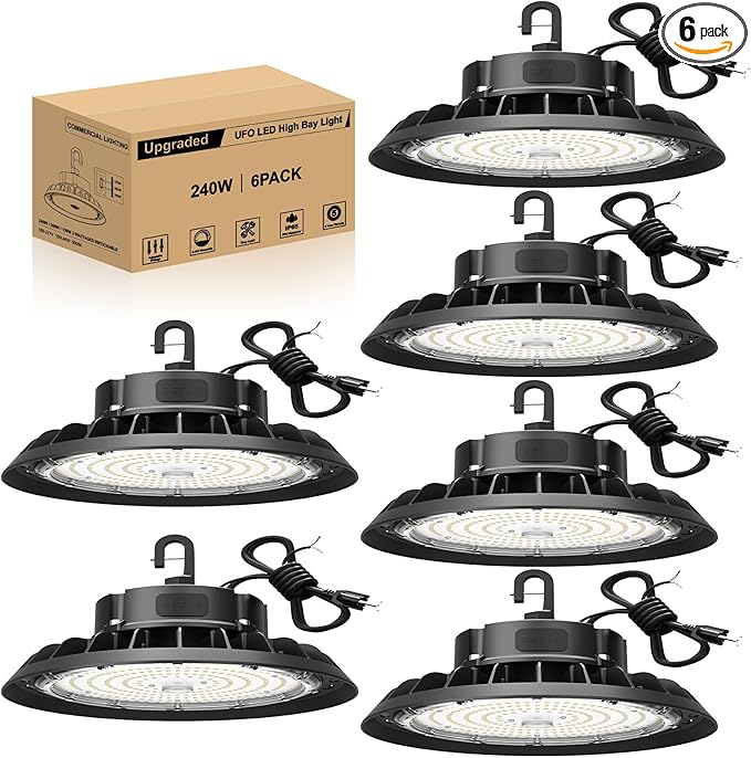 UFO LED High Bay Light 240W 6 Pack, High Bay LED Shop Light 36,000LM 0-10V Dimmable, 5' Cable with US Plug, Hanging Hook, Safe Rope, ETL Listed High Bay for Warehouse Factory Barn Shop