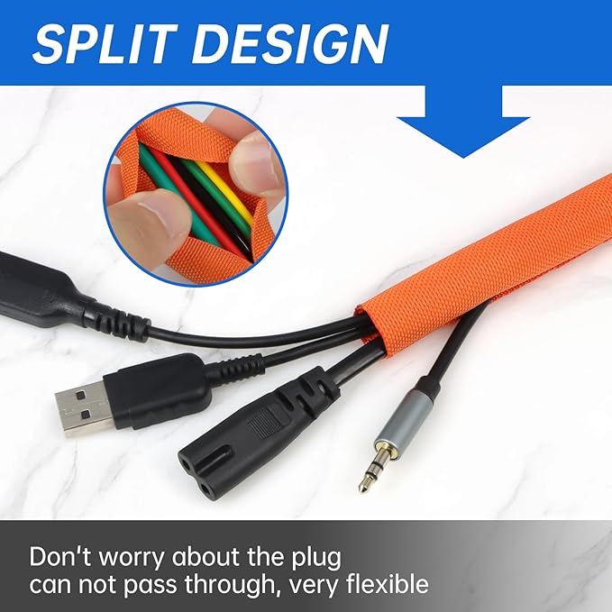 Split Braided Cable Sleeve，Flexible Wire Loom Tubing, Automotive Cord Protector Pet Proof, Cable Management for Computer TV Electric Wires Harness 16ft (Orange, 30mm（1-3/16")