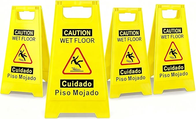 4 Pack Caution Wet Floor Sign, 24" Height, Bright Yellow, Double-Sided A-Frame Safety Caution Sign Commercial, Bilingual Caution Message