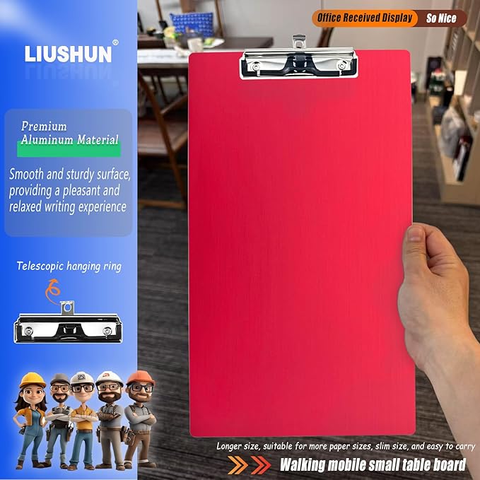 Legal Aluminum Clipboard Metal w/Stainless Hangable Pen Holder Writing Low Profile Large Clip Board 9" x 15.5" Message Tabletop for Lawers Office Business Workshop Factory Supplies (Red, Legal)