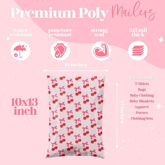 10x13 Designer Poly Mailer 100 Pack Heavy Duty Waterproof Self Seal Shipping Bags for Small Business Large Mailing Envelopes Bulk Tear Resistant Packaging Pink Stripe Cherry Fruit