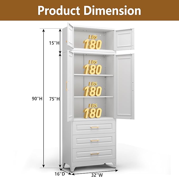 Kitchen Pantry Cabinet, Tall Storage Cabinets with Three Drawers, 90" H Metal Cabinet with Shelves, Freestanding Cupboard for Dining, Living Room, White, 16" D x 32" W x 90" H,Assembly Required