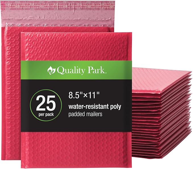 Quality Park Bubble Mailers, 8.25 x 11 Shipping Envelopes, Water Resistant Red Poly Padded Envelopes, Redi-Strip Peel Off Closure, 25/Box (QUA85869)