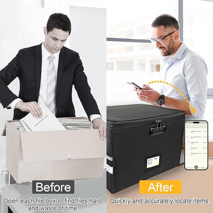 Large Next of Kin Box Organizer with Smart Labels, Fireproof Foldable File Organizer with Combination Lock, 10 Hanging Files and 20 Category Labels for Label Documents(15.7"L×12.2"W×10.6"H)