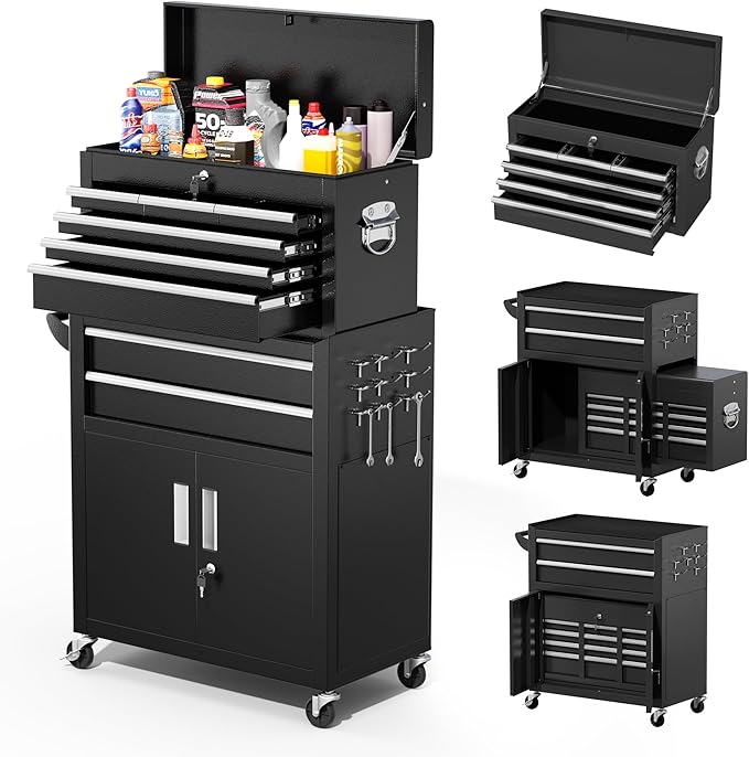 Greenvelly 8-Drawer Rolling Tool Chest, Metal Tool Chest with Wheels, Tool Cabinet with Detachable Top Tool Box, Metal Tool Cart with Liner & Hooks for Garage, Workshop, Warehouse (Black)