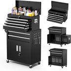 Greenvelly 8-Drawer Rolling Tool Chest, Metal Tool Chest with Wheels, Tool Cabinet with Detachable Top Tool Box, Metal Tool Cart with Liner & Hooks for Garage, Workshop, Warehouse (Black)