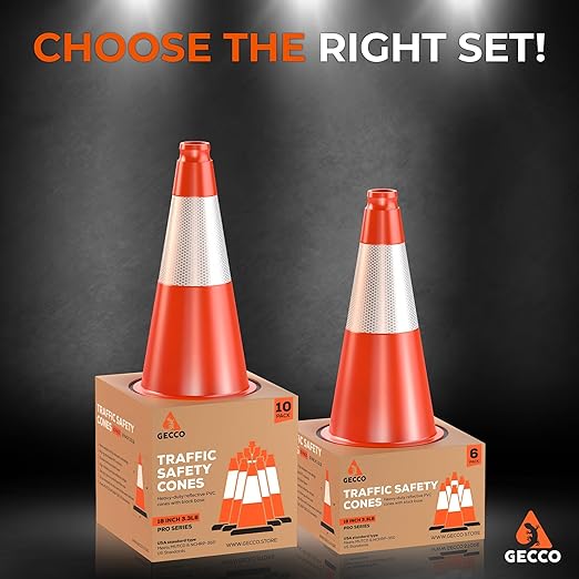 GECCO ™ (10 Pack) 18 Inch 3.3 Lb Small Orange Traffic Cones Set | Safety Cones, Orange Cones, Parking Cones, Construction Cones, Road Cones | PVC Plastic & Black Base - [PRO Series]