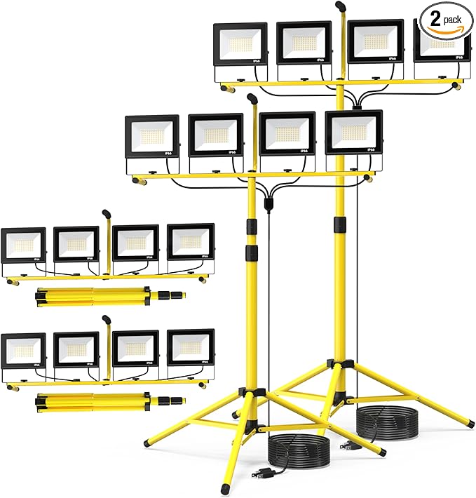 TOPRATED 2 Pack Led Work Light with Stand,28000 Lumen 110V 4 Adjustable Head Outdoor Flood Lights,Foldable Mechanic Light with 16.5Ft Power Cord,Portable Waterproof Tripod with Lamp for Workbench