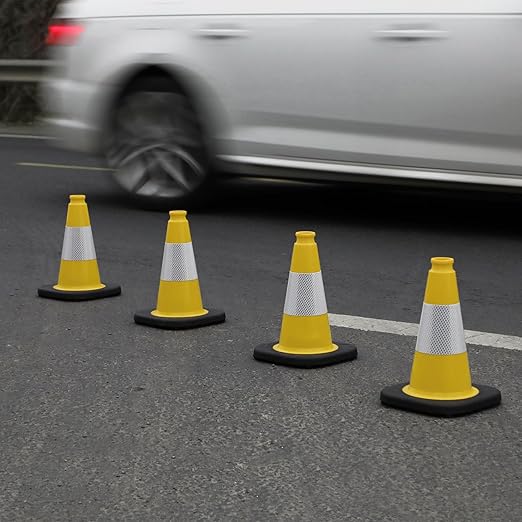 6 Pack 12" Inch Yellow PVC Traffic Cones with Heavy-Duty Base, High-Visibility All-Weather Safety Cones for Road Construction, Parking Lot, and Garage Use (6, Yellow, 12" Small)