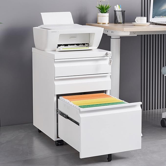 3 Drawer File Storage Cabinet, File Cabinets for Home Office, Metal Rolling Filing Cabinet, Locking File Cabinet for A4/Letter/Lagal Size, Fully Assembled, Matte White