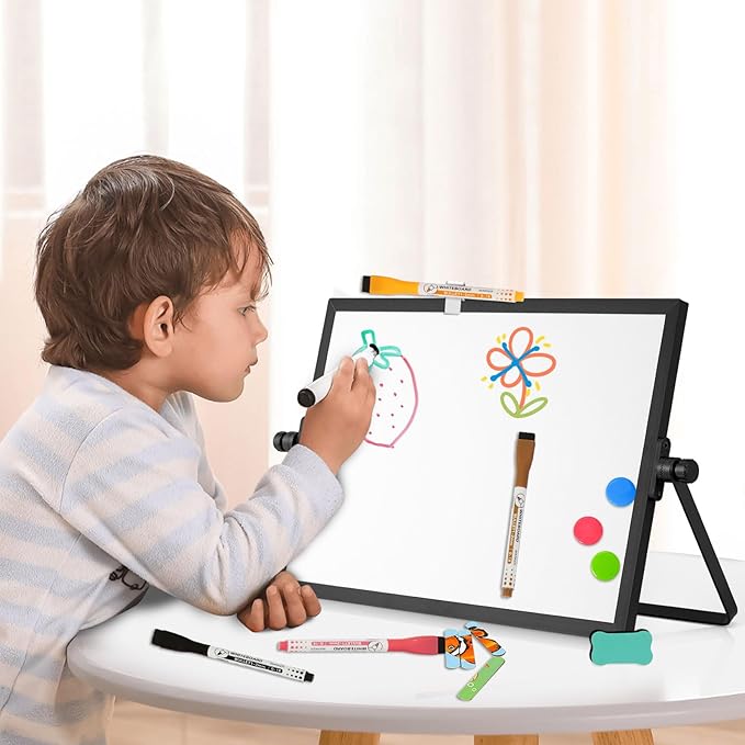 Dry Erase Magnetic White Board, 8" x 12" Black Aluminum Frame Double-Sided Desktop Whiteboard with Stand, Portable Small Whiteboard Set for Drawing, Office, Home, School