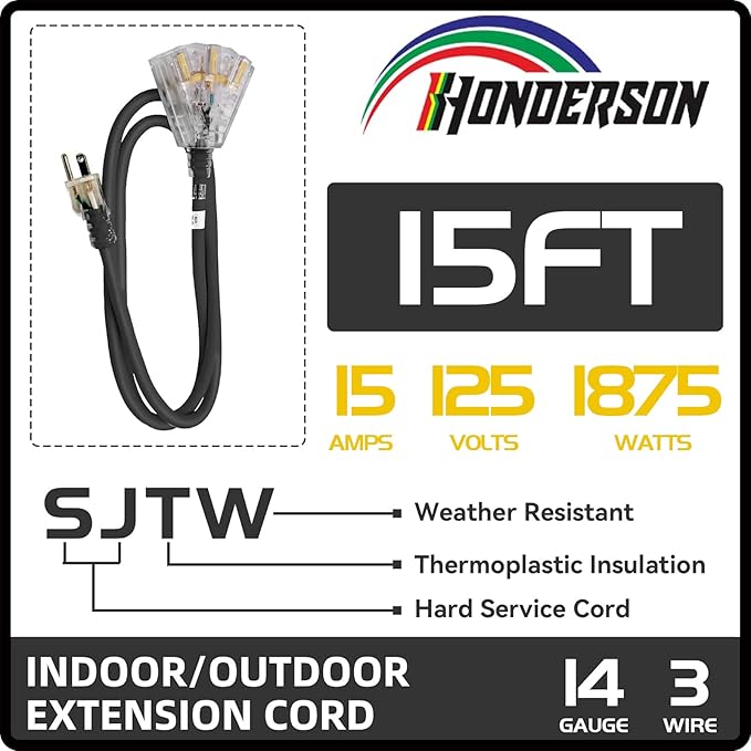 3-Outlets Indoor Outdoor Extension Cord Weatherproof with Lighted End, UL Listed, 14 Gauge 15FT Black 3 Prong Heavy Duty, 14/3 SJTW 15A Power Cord