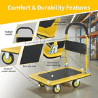 Foldable Push Cart Dolly, Heavy Duty Flat Bed Cart with Wheels & Non-Slip Mat, 360° Mute Wheels for Easy Maneuver, 330lbs, Easy to Assemble – Ideal for Household Tasks, Grocery Delivery, Yellow