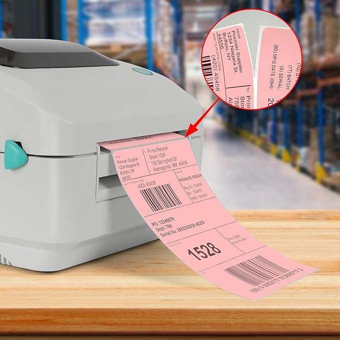 Pink Direct Thermal Labels 4 × 6 Inch Vinyl Self-Adhesive Fanfold Shipping Stickers Waterproof Perforated Printer Decal for Office School Warehouse 500 PCS