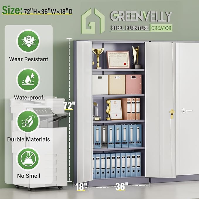 Greenvelly Metal Storage Cabinet,72” Metal Cabinet Storage with Doors and 4 Adjustable Shelves,Tall Storage Cabinet for Home,School,Gym(Grey White)