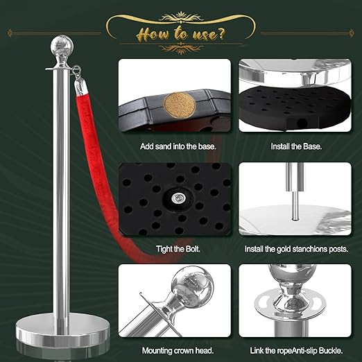 4Pcs Sliver Stanchion Post Queue Velvet Ropes and Posts with Soild Base and 3pcs 5 Ft Red Velvet Ropes Carpet Ropes Posts Stanchion Set Crowd Control Barriers for Party Supplies