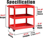 Tool Cart on Wheels, 3 Tier Rolling Mechanic Utility Cart, Heavy Duty Steel, Lockable Wheels, 450 LBS Capacity for Garage, Warehouse, Workshop