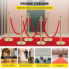VEVOR Velvet Ropes and Posts 6 Pcs Red Velvet Rope 5 ft, Stanchions Solid Base with Ball Top, Crowd Control Barriers Gold Stanchions, Red Carpet Poles, Crowd Control Ropes and poles for Party Supplies