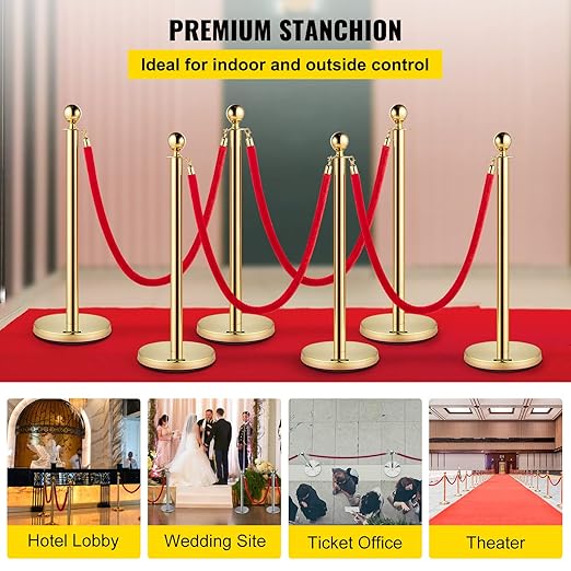 VEVOR Velvet Ropes and Posts 6 Pcs Red Velvet Rope 5 ft, Stanchions Solid Base with Ball Top, Crowd Control Barriers Gold Stanchions, Red Carpet Poles, Crowd Control Ropes and poles for Party Supplies