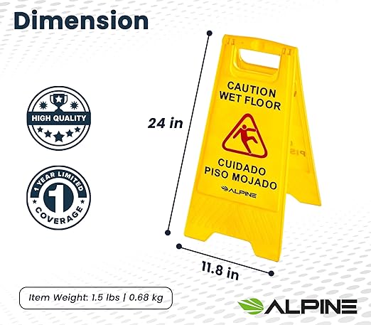 Alpine Caution Wet Floor Sign, 24 Inch High Visibility Yellow Slippery When Wet Sign - Bilingual Safety Warning Sign to Easily Avoid Slippery Accidents in Businesses & High Traffic Areas