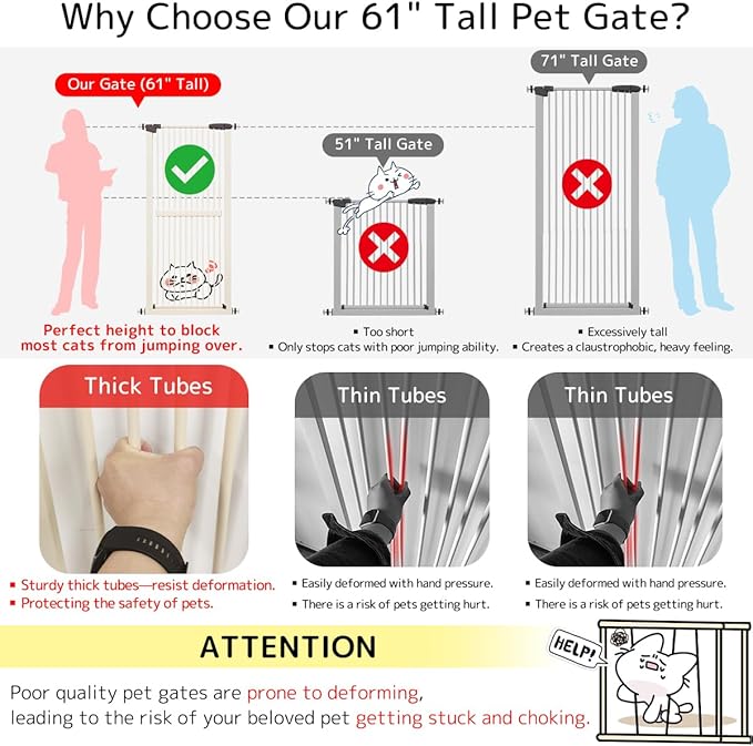 Lumizone Extra Tall Cat Gate 61.02" High Pressure Mounted Extra Wide 59.25"-63.38" (17Sizes) 1.37" Gap No Drilling Auto-Close Tall Pet Gate for Dogs (Cream, 59.25"-63.38" W)
