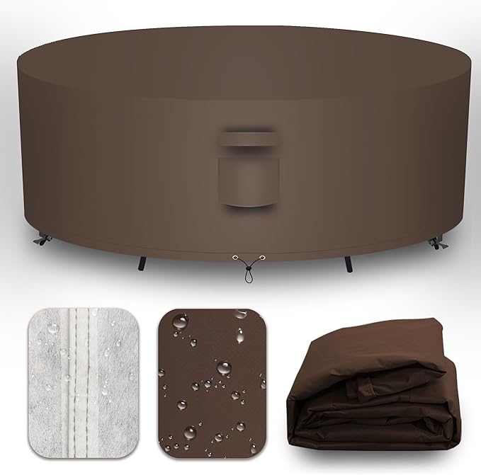 Heavy Duty Patio Furniture Covers Waterproof, 600D Round Outdoor Furniture Cover Waterproof for Sectional Sofa Couch, Outdoor Dining Table and Chair Set Covers 96"DIA x 28"H, Brown