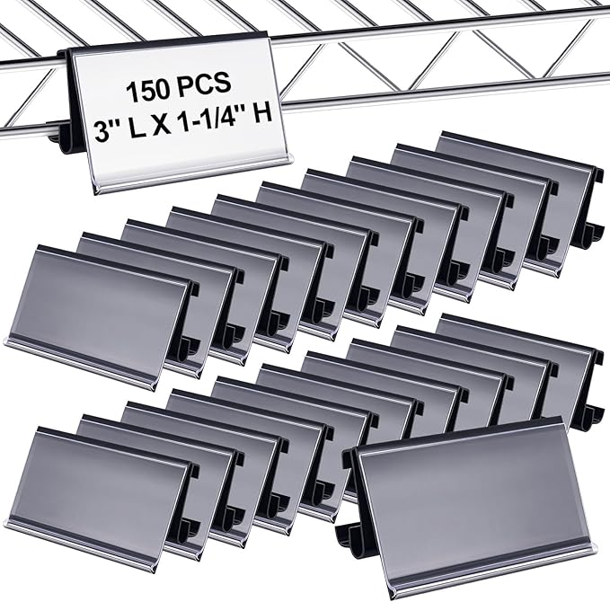 150 Pcs Wire Shelf Label Holders Plastic Wire Rack Clips 3 x 1.25 Inch Shelf Price Tags Compatible with Metro 1-1/4in Shelves for Shopping Mall Supermarket Store