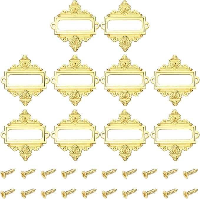 uxcell 10 Pcs Metal Label Holder, 2.2 x 2.4 Inch Small Vintage Card Frame Tag Floral Lace Label Holder with Screws for File Boxes Drawers Door Cabinet Book Shelves, Gold Tone