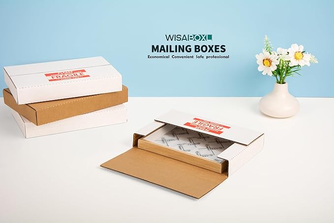 50 Pack 9x6x1.3 inch Shipping Boxes, Easy-Fold Multi-Depth DVD Mailer Box with Fragile Stickers for Mailing, Storing, Package, Gifts, Crafts, Business or Home, White