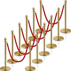 Ferraycle 12 Pcs Stainless Steel Stanchions Post Queue 5 ft Carpet Ropes and Poles Crowd Control Barriers Sand Injection Hollow Base and Velvet Ropes Set for Party Supplies(Gold, Red)