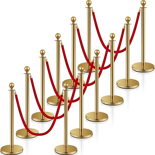 Ferraycle 12 Pcs Stainless Steel Stanchions Post Queue 5 ft Carpet Ropes and Poles Crowd Control Barriers Sand Injection Hollow Base and Velvet Ropes Set for Party Supplies(Gold, Red)