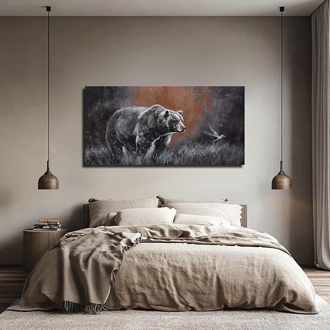 ZHENGYIN Black and White Bear Wall Art,Large Grizzly Wildlife Canvas Print, Bird Accent, Rustic Western Wall Decor for Living Room Office, Above Sofa, 24x48 Inch
