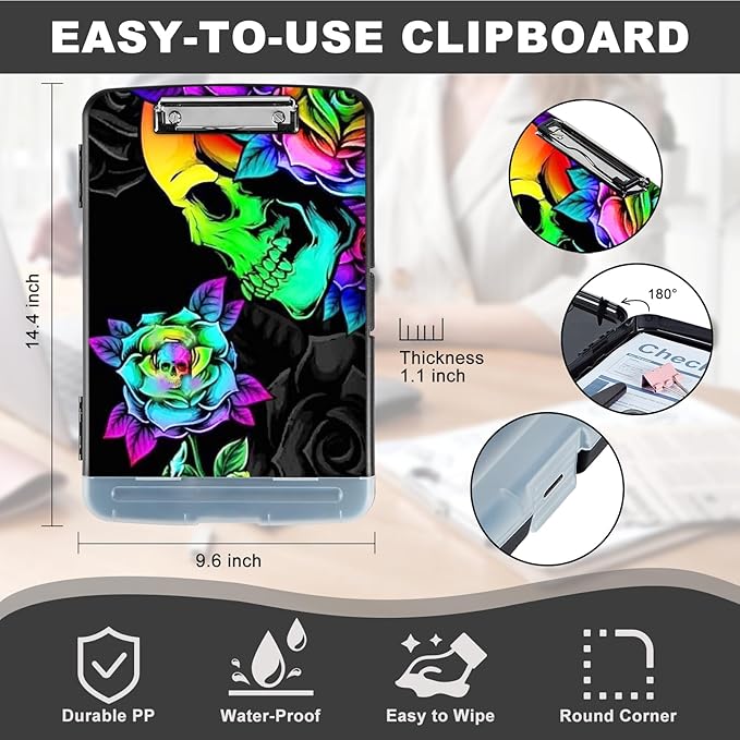 Clipboard with Storage,Heavy Duty Plastic Storage Clipboard with Low Profile Clip,Teacher Must Haves,Office Supplies,Colorful Skull Rose Flower