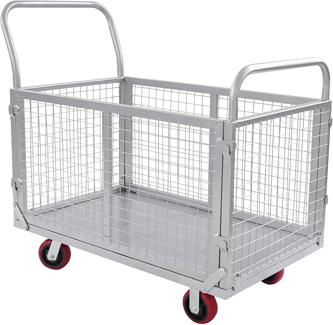 Platform Truck Cart with Cage, 440.92Lbs Capacity Grocery Dolly Heavy Duty Cart with 4 Wheels for Distribution Centers and Warehouses 39.4 x 23.6 x 37 Inch