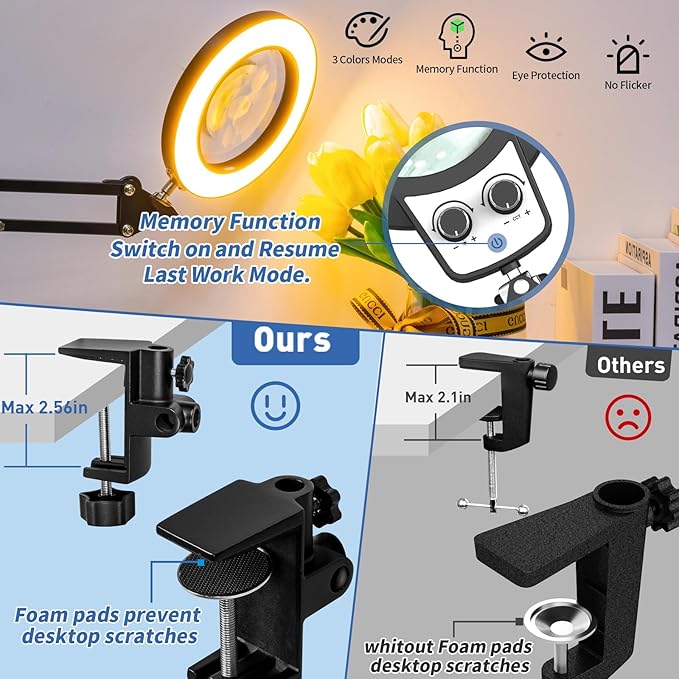 HITTI 12X Extra Long Magnifying Glass with Light, Upgrade Infinite Color and Brightness LED Desk Lamp with Clamp, Hands Free 3 Section Magnifier Light and Stand for Workbench Crafts Reading Painting