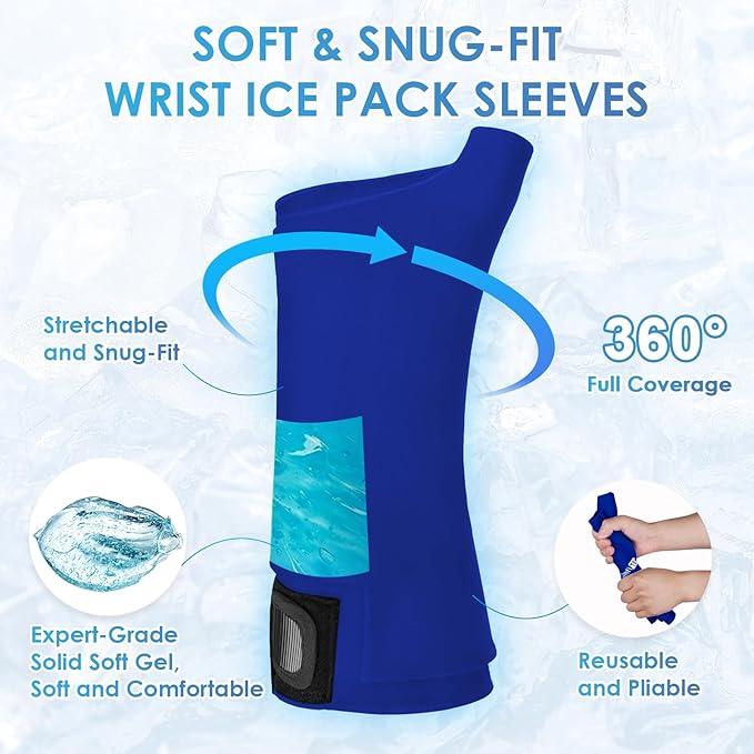 ComfiTECH Wrist Ice Pack Wrap 2 Pack, Flexible Hand Ice Pack for Carpal Tunnel, Thumb & Forearm, Reusable Gel Cold Sleeve with Adjustable Strap for Comfort and Support, Blue, Medium