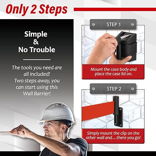 DuraSteel Wall Mount Retractable Belt Barrier - 6.5 Ft Red Safety Belt in Black Casing - Guardian 2.0 Indoor & Outdoor Do Not Cross Caution Tape for Crowd Control Queue Barrier, Line Divider, 10 Pcs