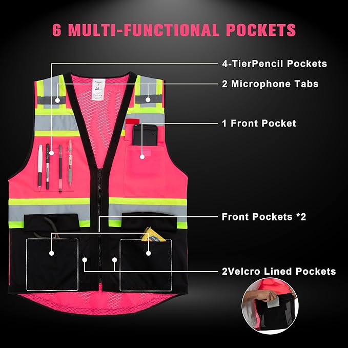 ProtectX 6 Pockets High Visibility Safety Vest for Men Women Class 2 Reflective Hi Vis Work Construction Vest