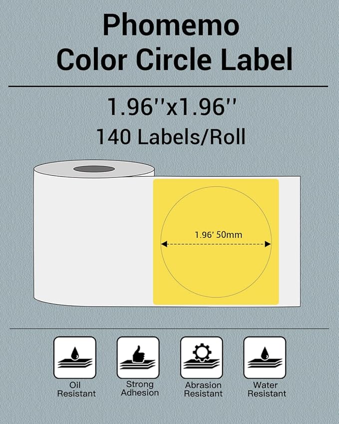 Phomemo Circle Labels for M110/M110S/M120/M200/M220 Label Maker, 1.96" x 1.96"（50x50 mm） Round Thermal Label for Barcode Labels, DIY Logo Design, Black on Yellow