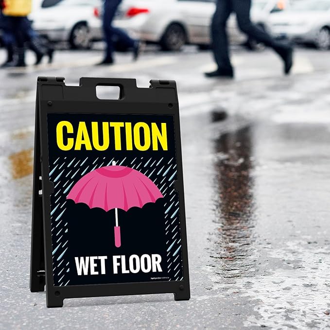 Caution Wet Floor Umbrella Sidewalk Sign Kit, 18x24 Inches, with A Frame Stand, Made in USA