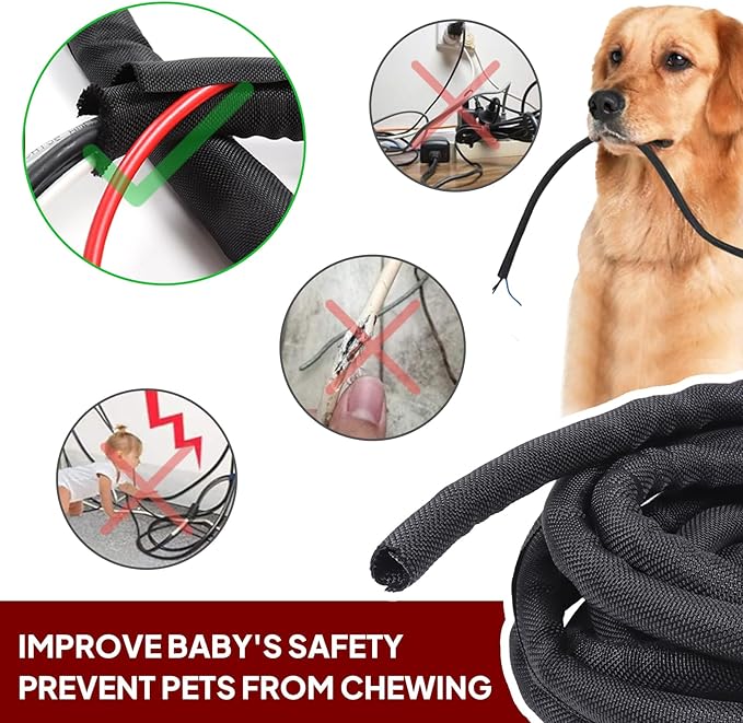 Black Braided Cable Management Sleeves Wire Loom Tubing Cord Protector Self-Wrapping (3/4"-12Feet)