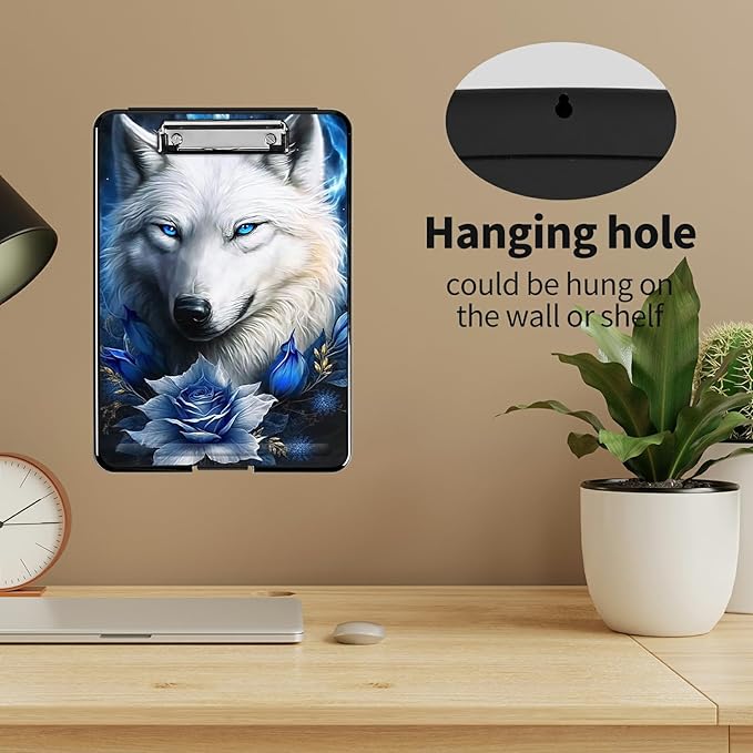 A4 Clipboards,Heavy Duty Waterproof Nursing Plastic Folder Clipboard with Storage Clip Boards,File Folder Storage Box Clipboard Case for Teacher,Doctor,Offices,Bule Rose Wolf