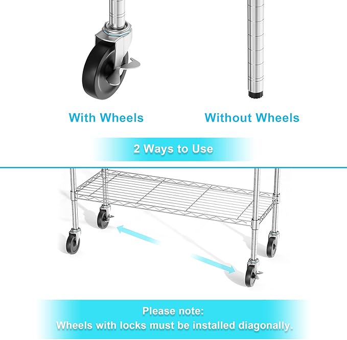 Auslar 3-Shelf Storage Shelves with Casters Heavy Duty 3-Tier Rolling Cart Utility Racks Adjustable Wire Metal Storage Shelving, Chrome