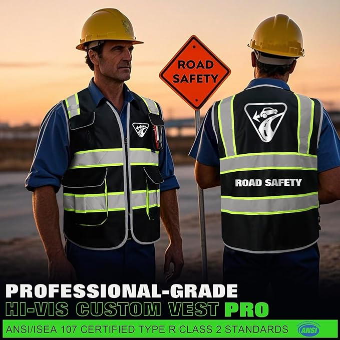BeautyWill ANSI Certified Custom Logo Safety Vest 8-Pockets Class2 High Visibility Reflective Vest for Men - Personalized Logo Heavy-Duty Work Vest（Black，L）