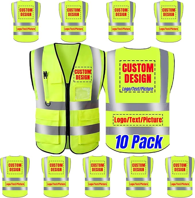 BeautyWill Safety Vest 10 Pack Customize Logo Class 2 High Visibility Reflective Vest with 5 Pockets Construction Security Work Vest ANSI/ISEA Standards