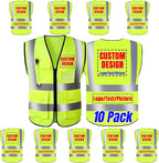 BeautyWill Safety Vest 10 Pack Customize Logo Class 2 High Visibility Reflective Vest with 5 Pockets Construction Security Work Vest ANSI/ISEA Standards